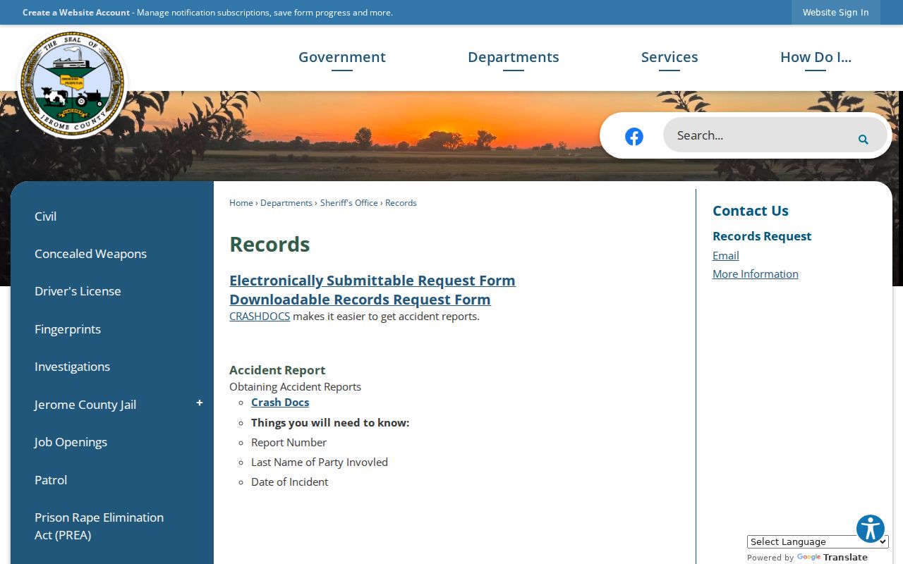 Jerome County arrest history sheriff records request page