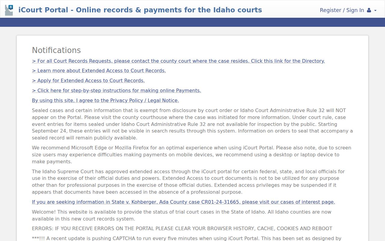 Jerome County criminal court cases Idaho iCourt Smart Search screen
