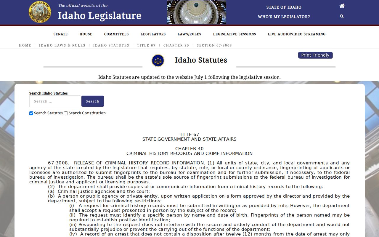 Idaho dissemination statute for Eden criminal records