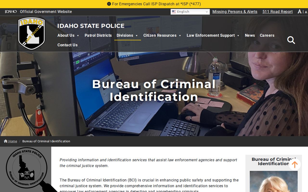 Idaho Bureau of Criminal Identification background check page