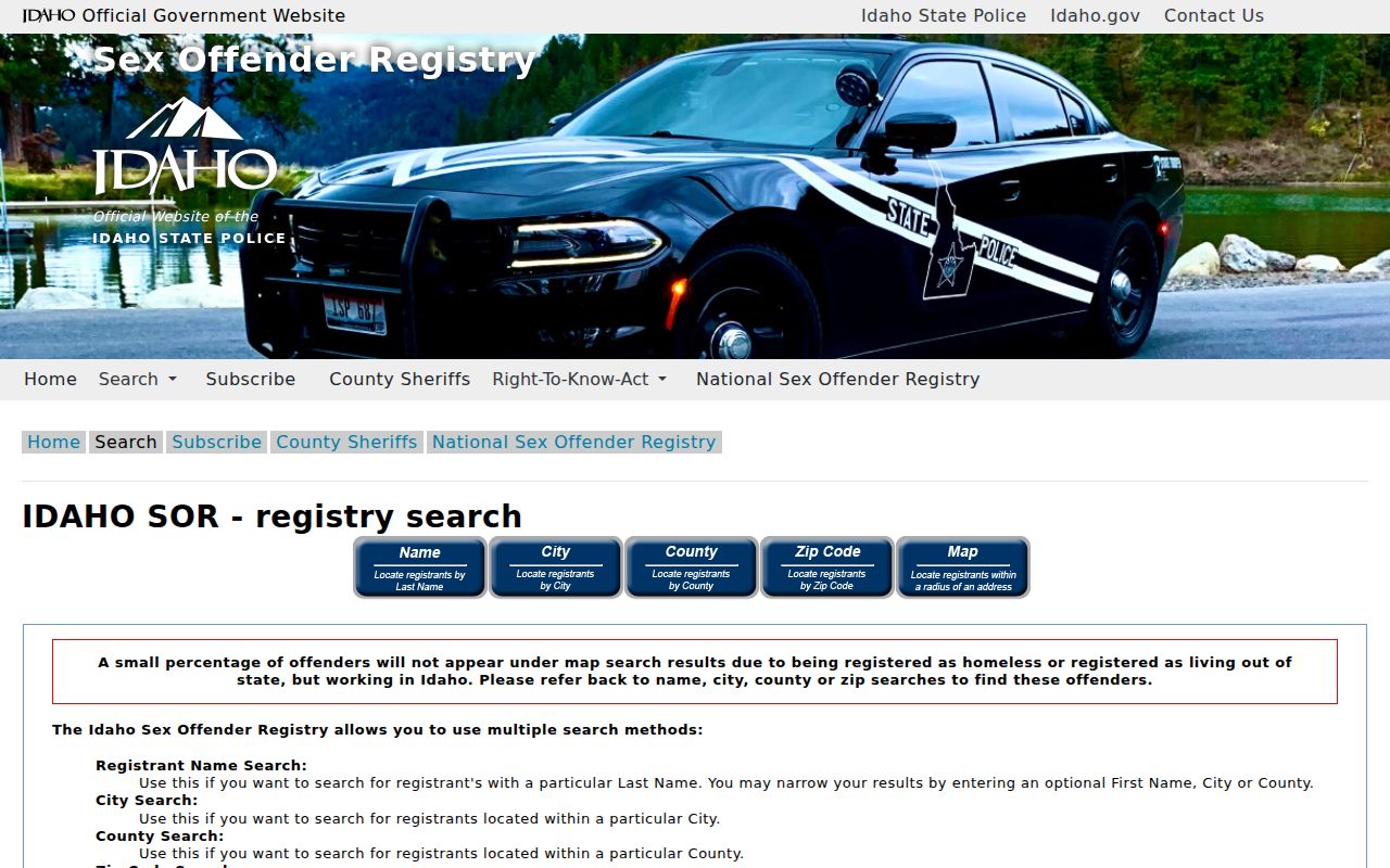 Idaho Central Sex Offender Registry search interface