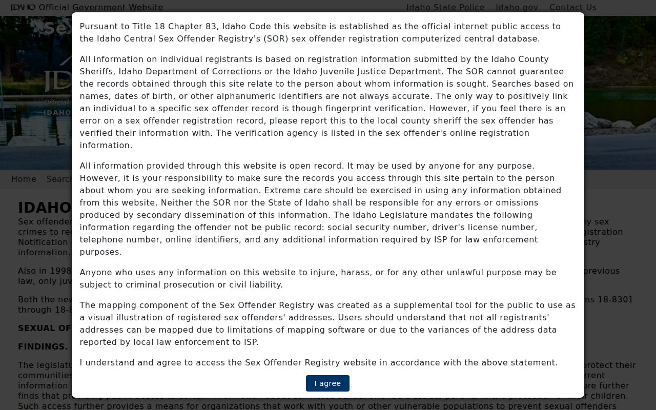 Idaho sex offender registry authority and public notice page