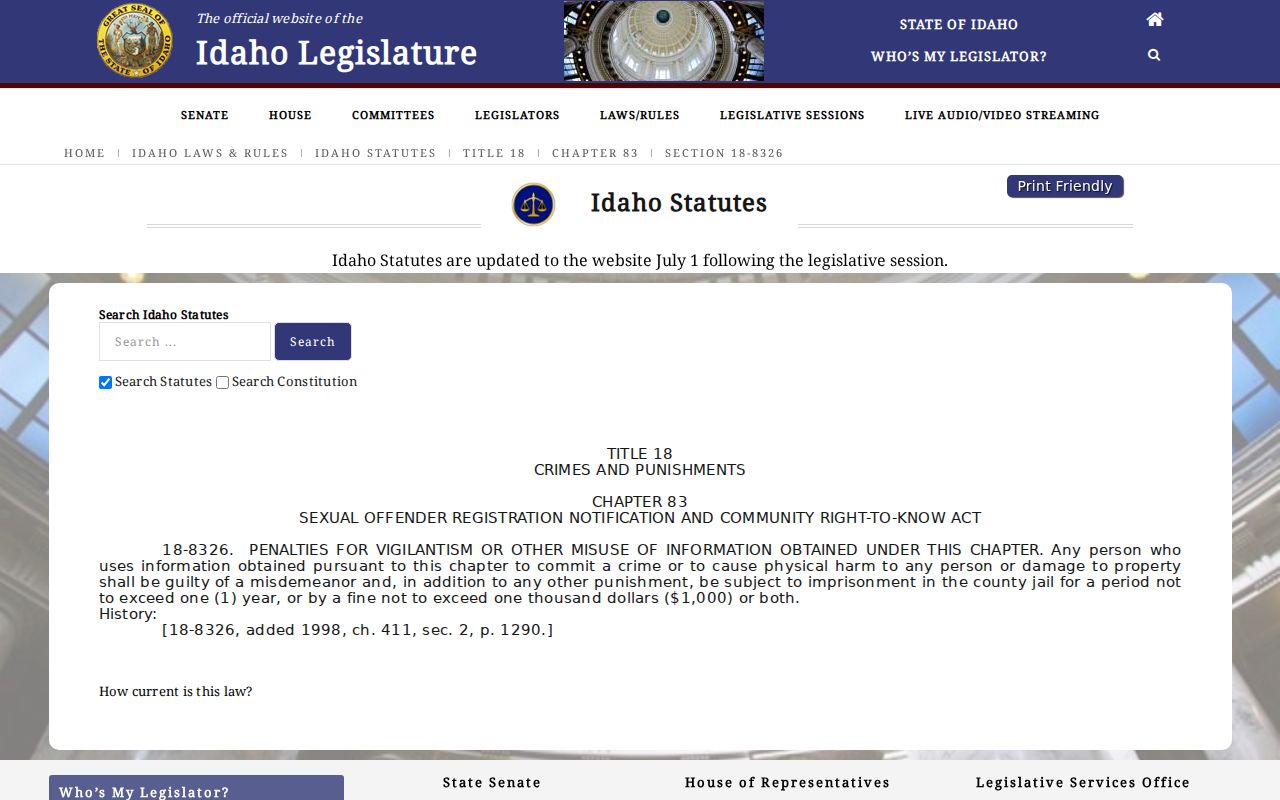 Idaho Code section 18-8326 registry misuse provision